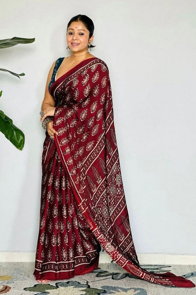Maroon Printed Satin Saree (Sudha-191)