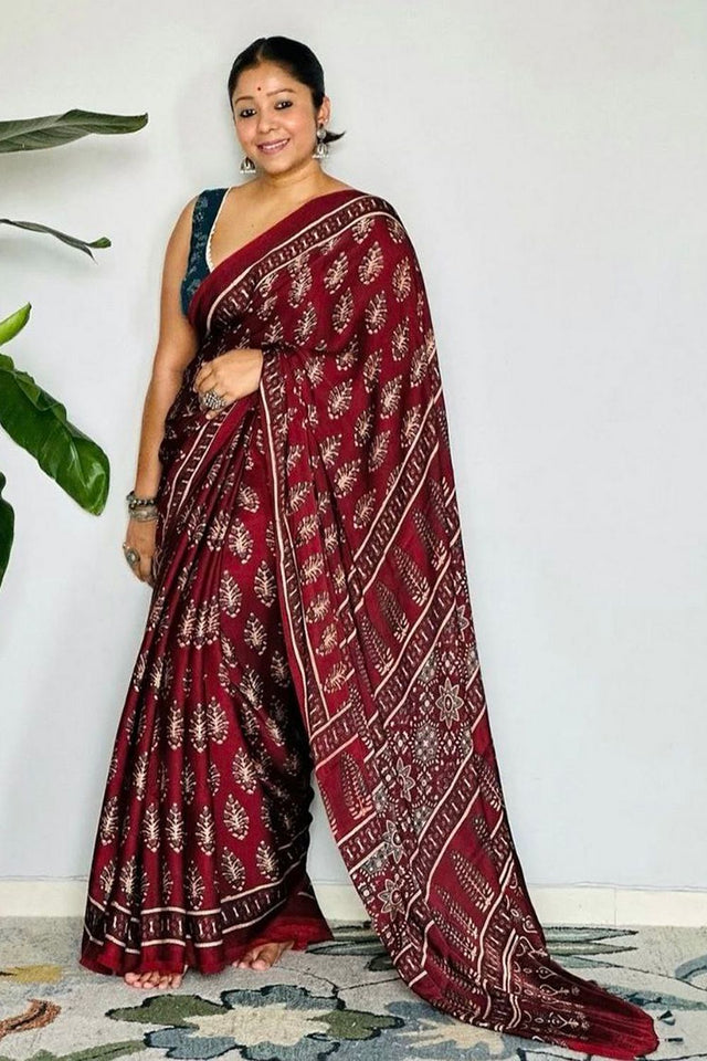 Maroon Printed Satin Saree (Sudha-191)
