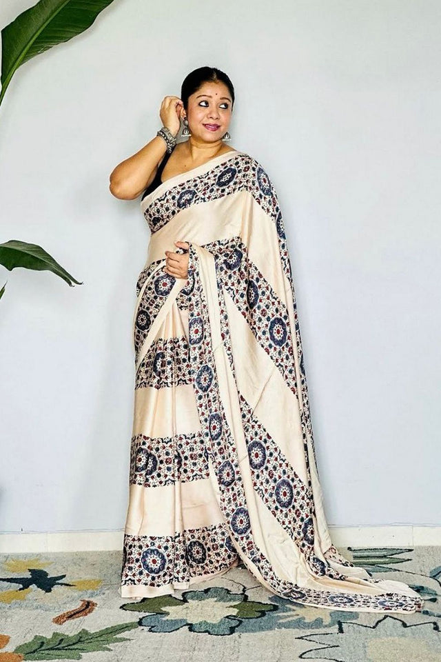 Off White Printed Satin Saree (Sudha-195)