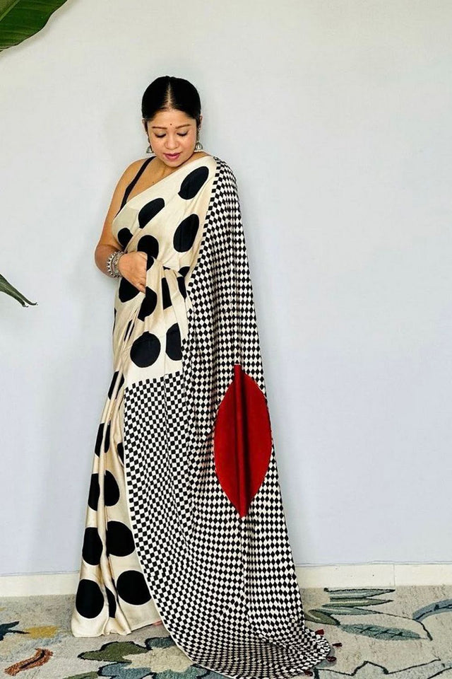 Off White Printed Satin Saree (Sudha-196)
