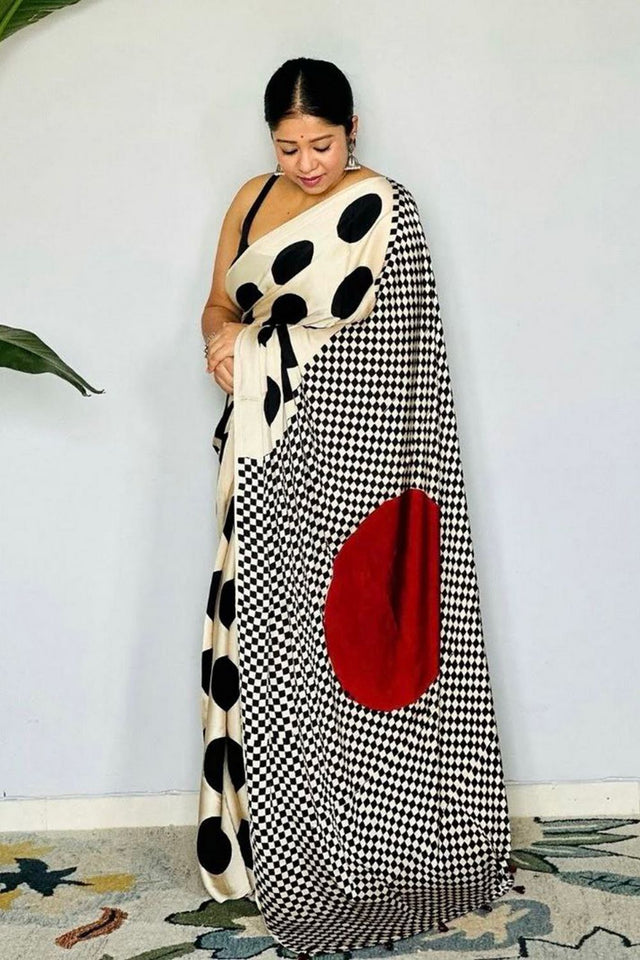 Off White Printed Satin Saree (Sudha-196)