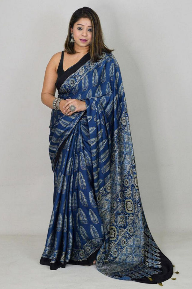 Royal Blue Printed Satin Saree (Sudha-202)