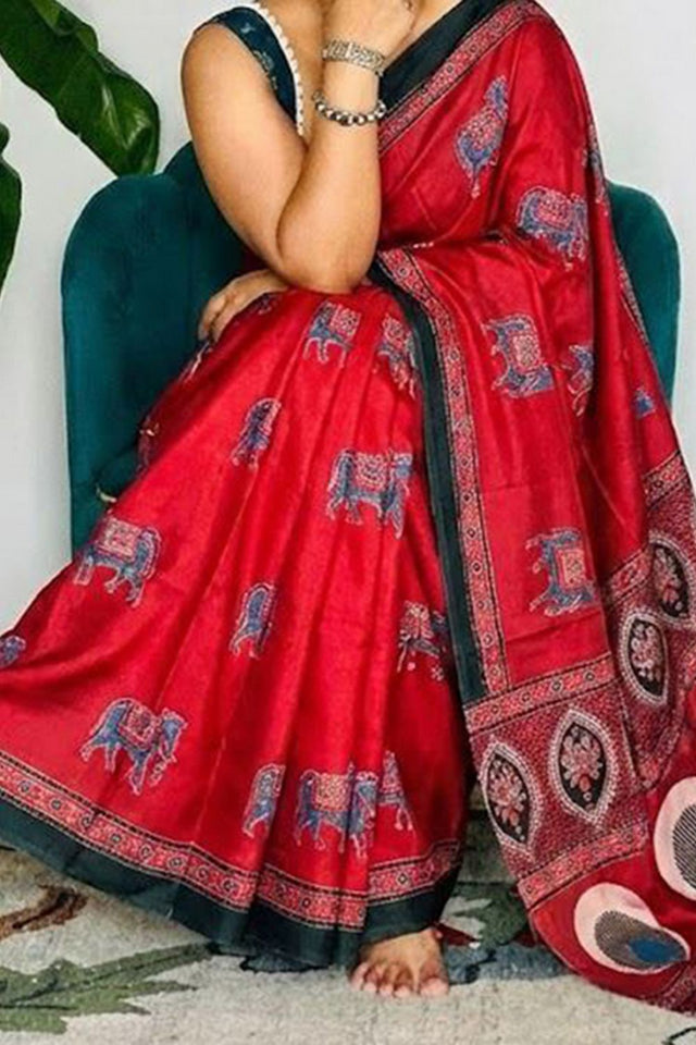 Red Printed Satin Saree (Sudha-205)
