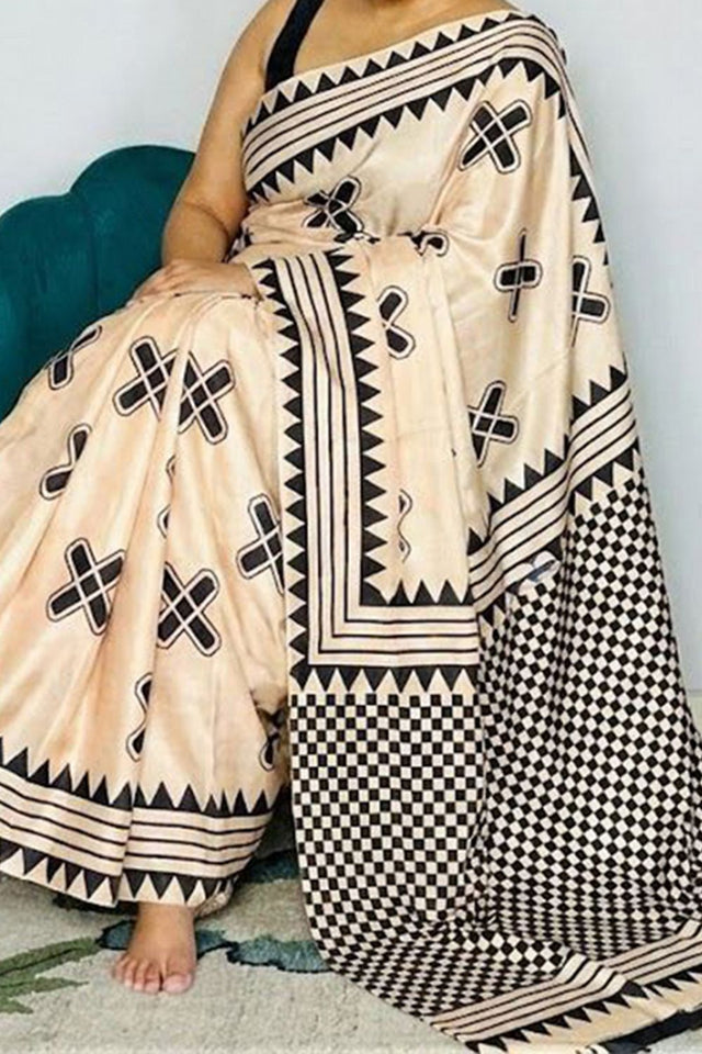 Off White Printed Satin Saree (Sudha-206)