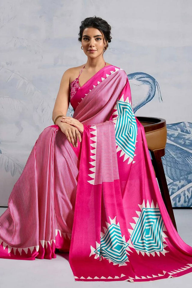 Pink Printed Satin Saree (Sudha-211)