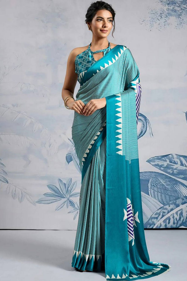 Blue Printed Satin Saree (Sudha-211-A)