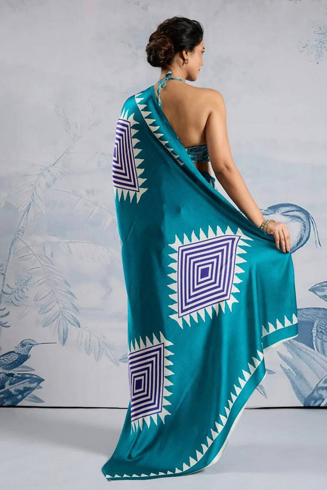 Blue Printed Satin Saree (Sudha-211-A)