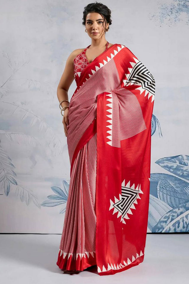 Red Printed Satin Saree (Sudha-211-B)