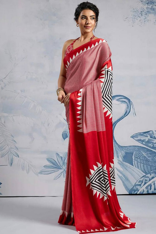 Red Printed Satin Saree (Sudha-211-B)