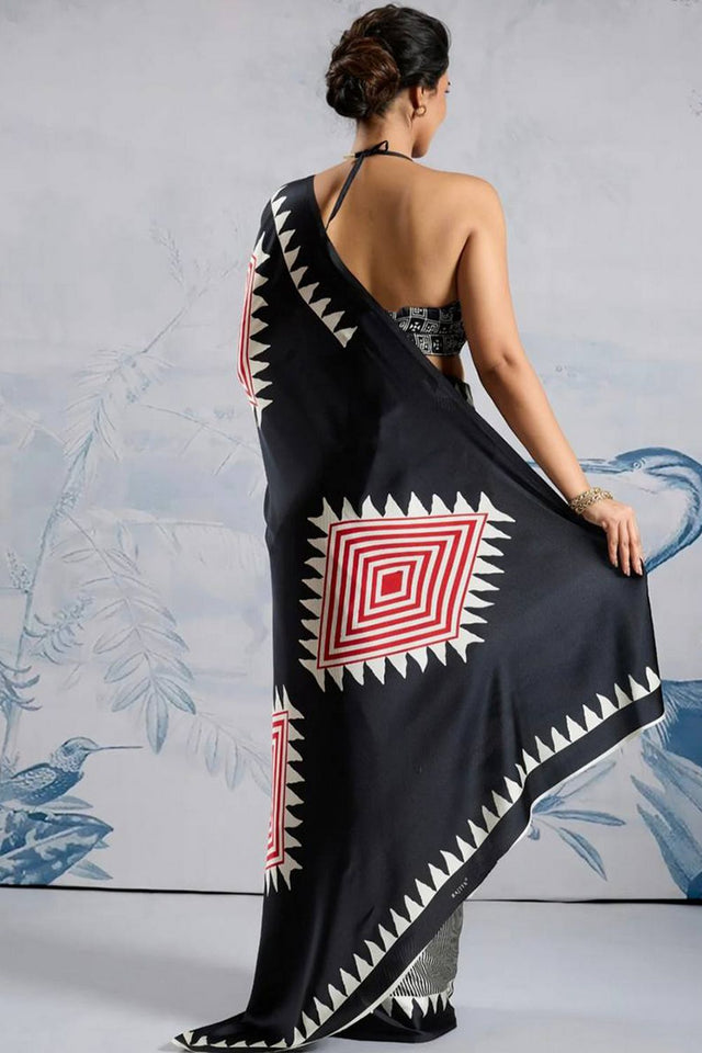 Black Printed Satin Saree (Sudha-211-C)