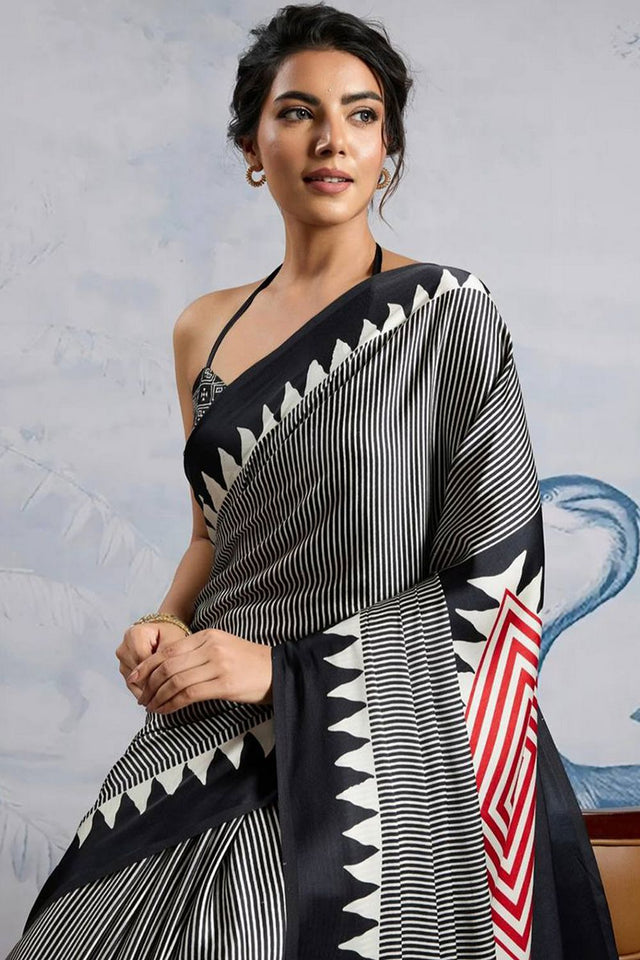 Black Printed Satin Saree (Sudha-211-C)