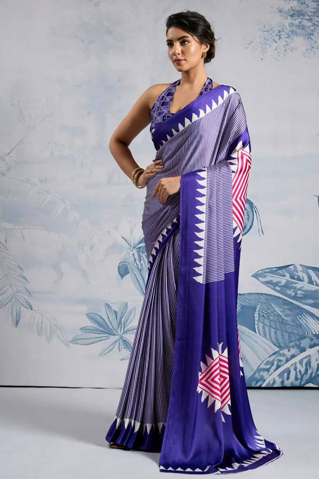 Blue Printed Satin Saree (Sudha-211-D)