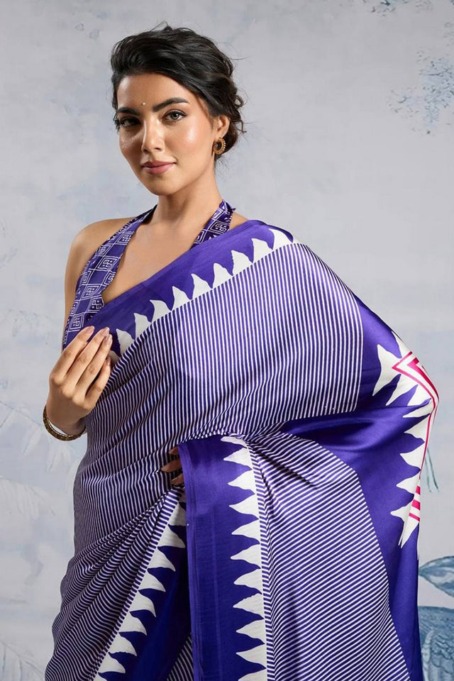 Blue Printed Satin Saree (Sudha-211-D)
