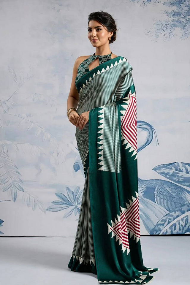 Green Printed Satin Saree (Sudha-211-E)