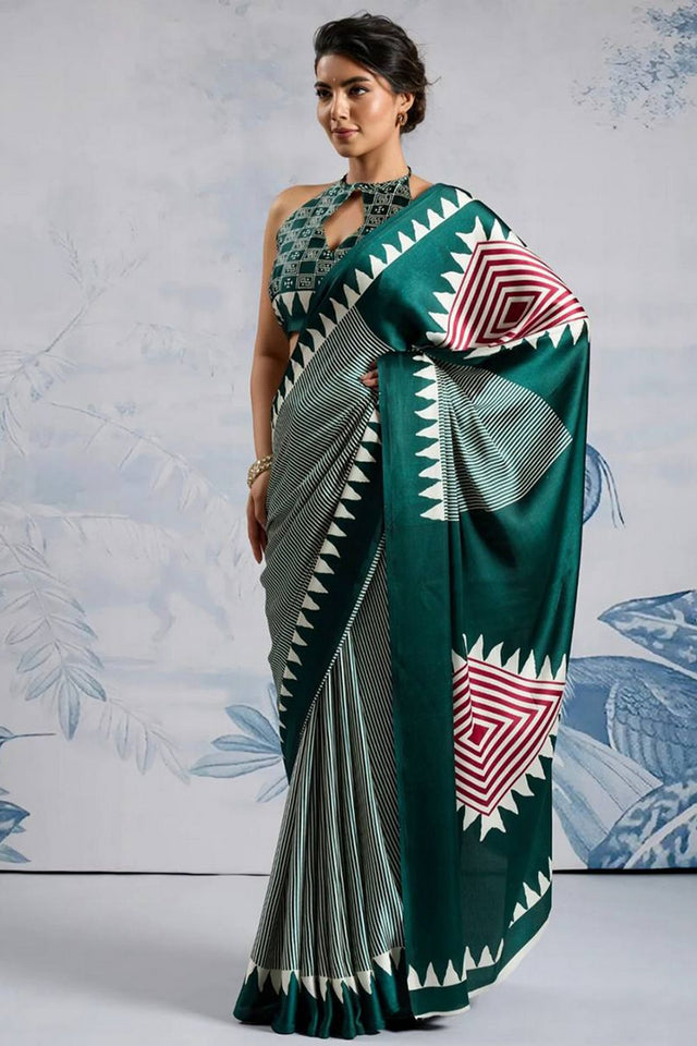 Green Printed Satin Saree (Sudha-211-E)