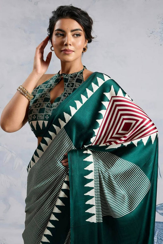 Green Printed Satin Saree (Sudha-211-E)