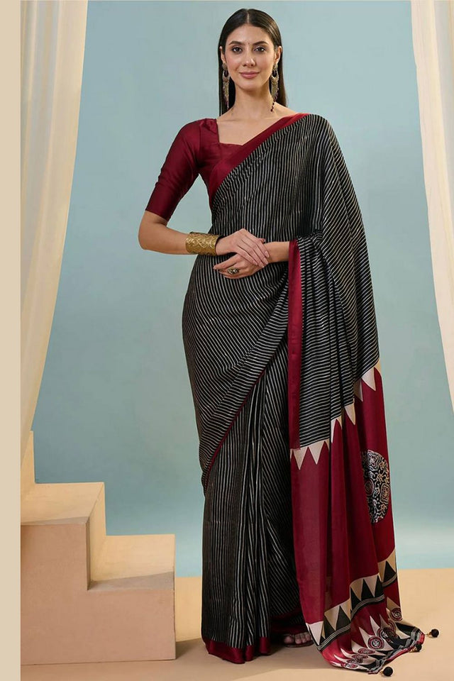 Black Printed Satin Saree (Sudha-212)