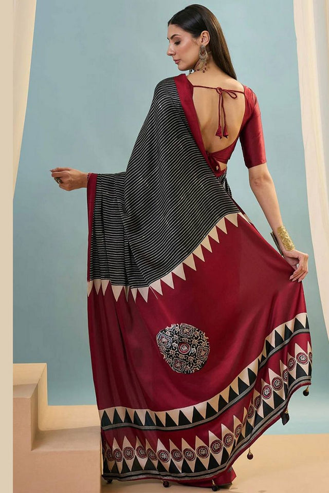 Black Printed Satin Saree (Sudha-212)