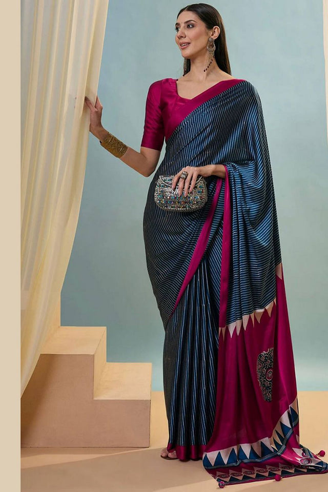 Blue Printed Satin Saree (Sudha-212-A)