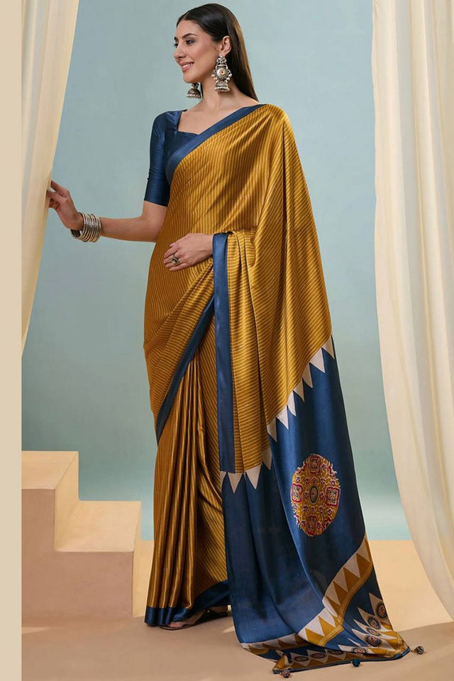 Mustard Printed Satin Saree (Sudha-212-B)
