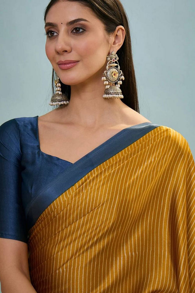 Mustard Printed Satin Saree (Sudha-212-B)