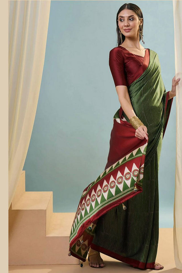 Green Printed Satin Saree (Sudha-212-C)