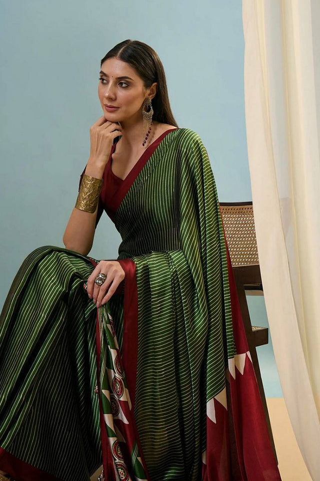 Green Printed Satin Saree (Sudha-212-C)