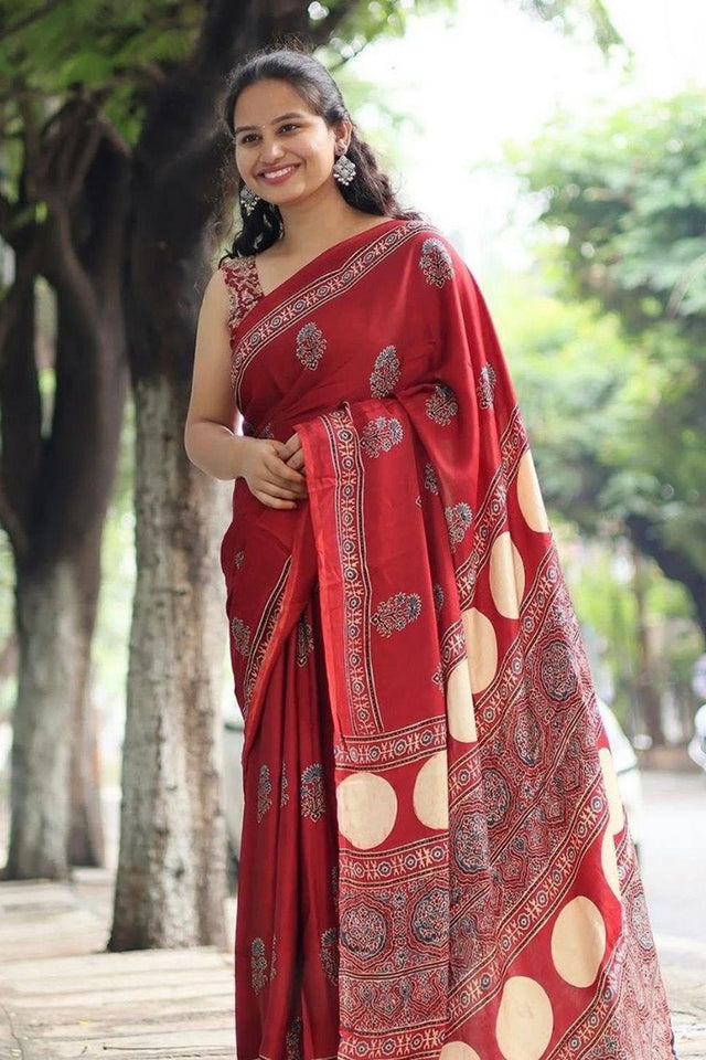 Red Printed Satin Saree (Sudha-213)