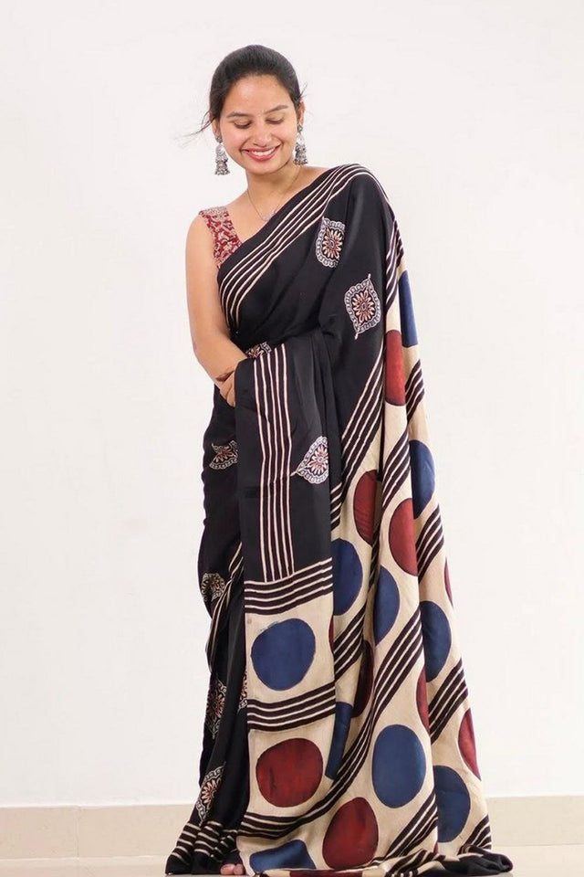 Black Printed Satin Saree (Sudha-214)