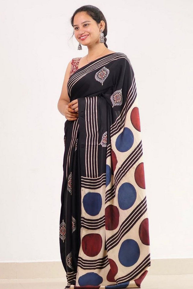 Black Printed Satin Saree (Sudha-214)