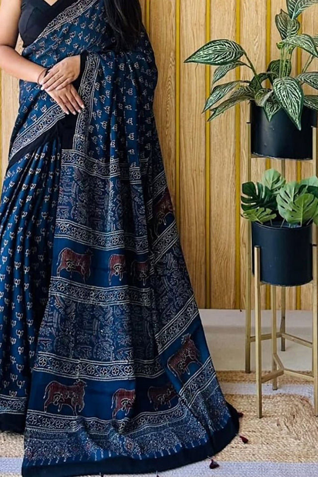 Blue Printed Satin Saree (Sudha-218)