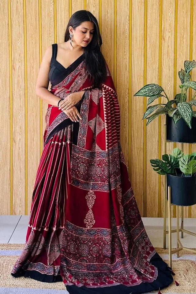 Maroon Printed Satin Saree (Sudha-219)