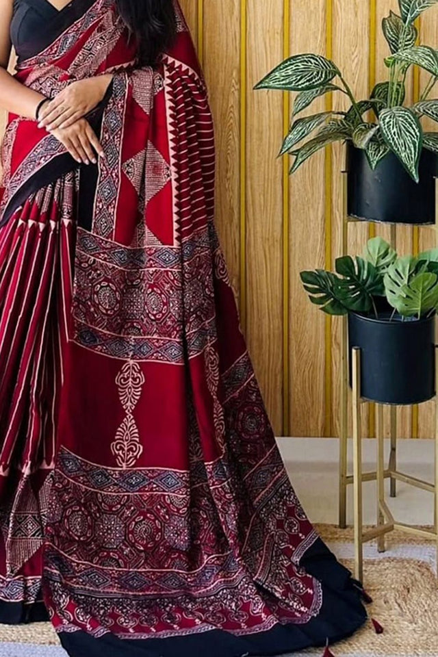 Maroon Printed Satin Saree (Sudha-219)