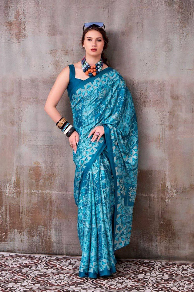 Light Blue Printed Satin Saree (Sudha-228)