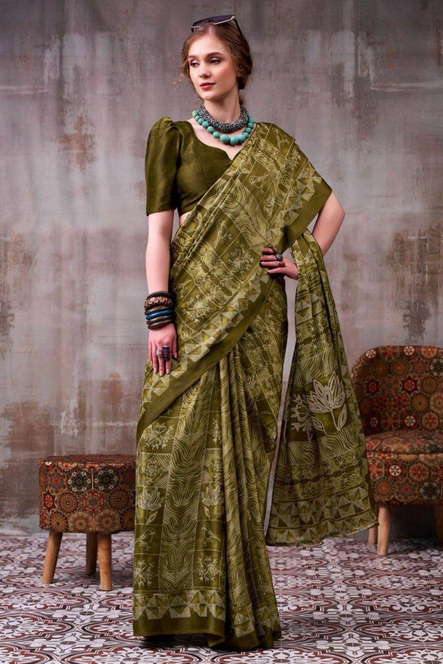 Olive Green Printed Satin Saree (Sudha-229)