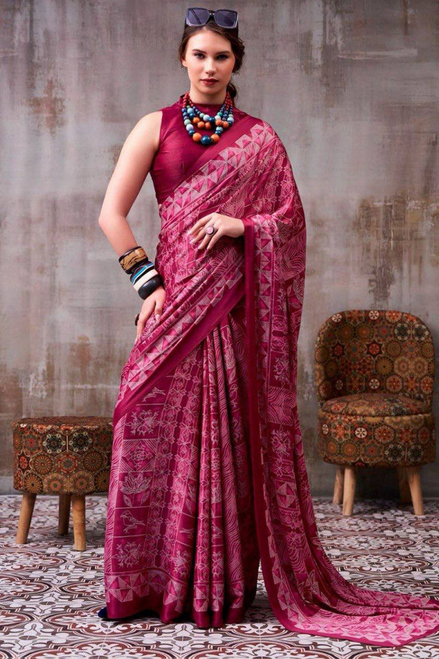 Pink Printed Satin Saree (Sudha-230)