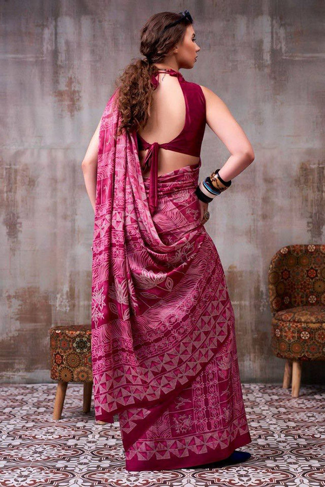 Pink Printed Satin Saree (Sudha-230)