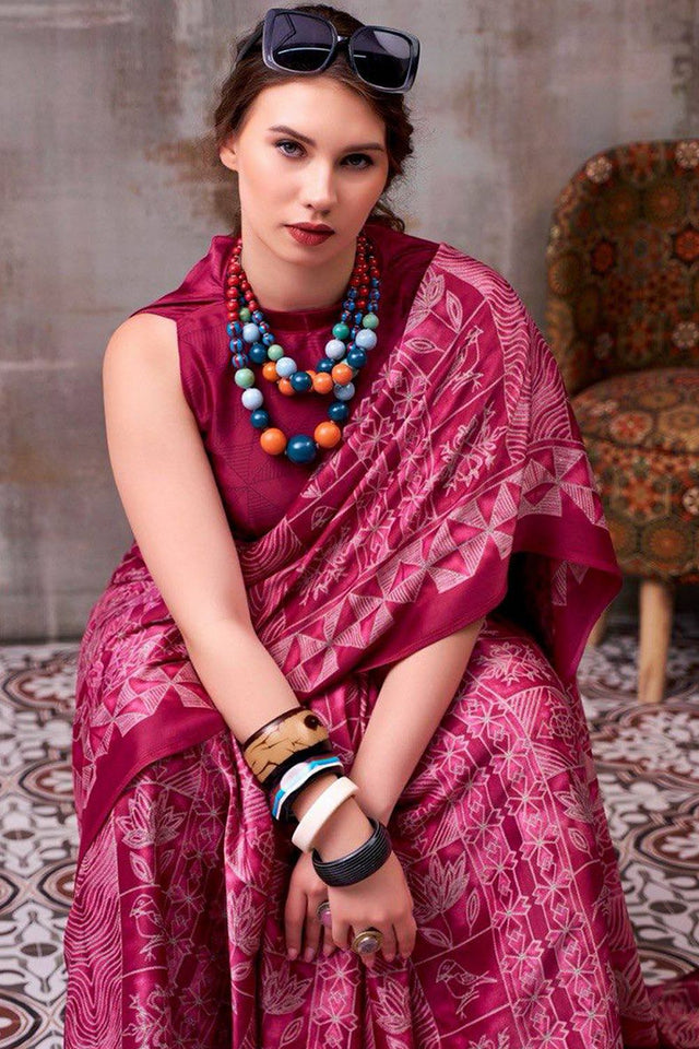 Pink Printed Satin Saree (Sudha-230)