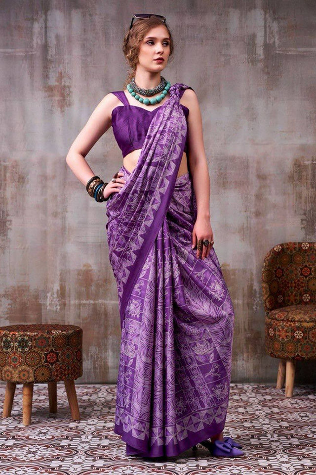 Violet Printed Satin Saree (Sudha-231)