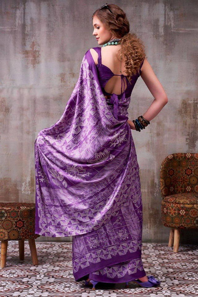 Violet Printed Satin Saree (Sudha-231)