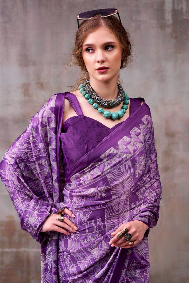 Violet Printed Satin Saree (Sudha-231)