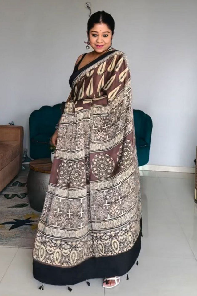 Brown Printed Satin Saree (Sudha-232)
