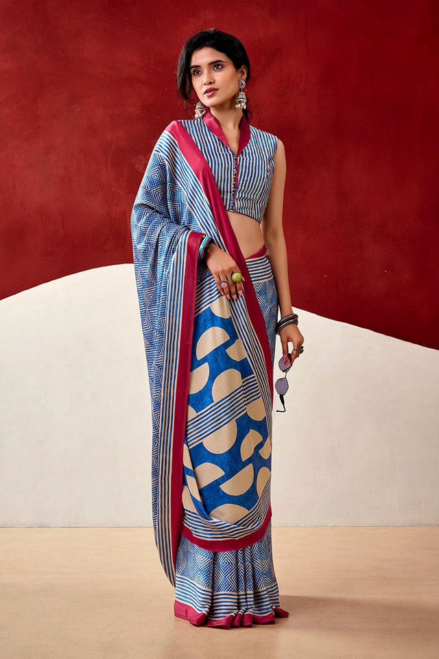 Light Blue Printed Satin Saree (Sudha-235)