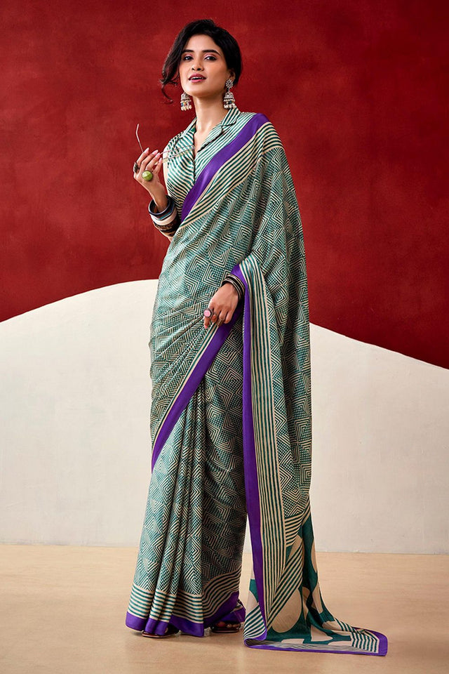Turquoise Printed Satin Saree (Sudha-236)