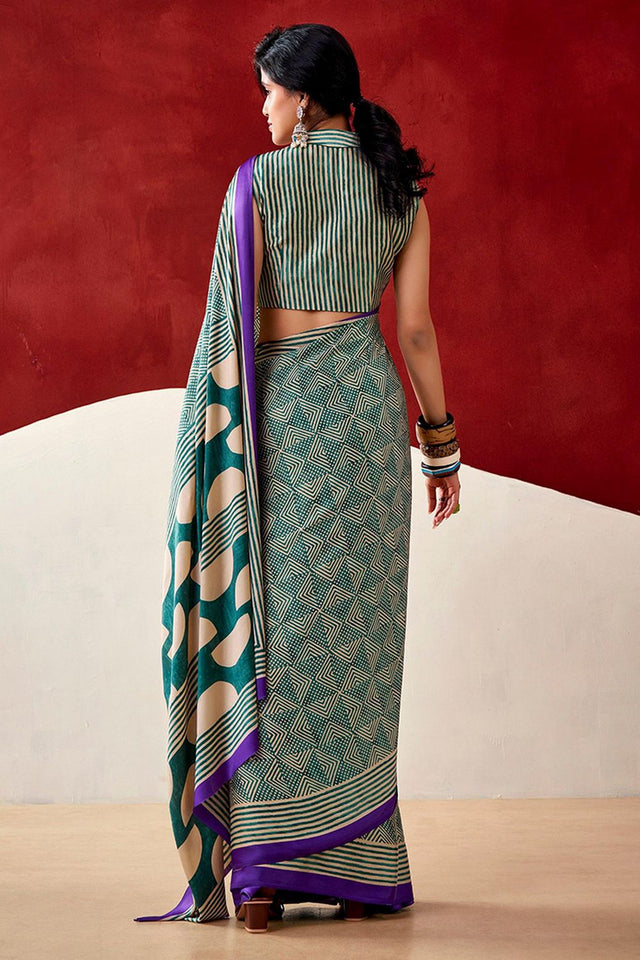 Turquoise Printed Satin Saree (Sudha-236)