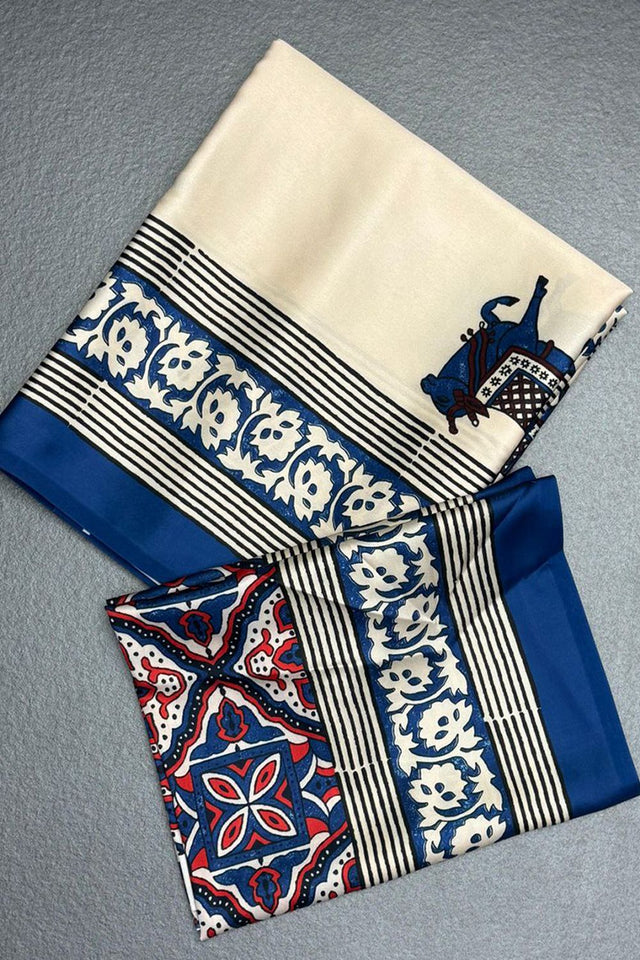 Off White Printed Satin Saree (Sudha-241)