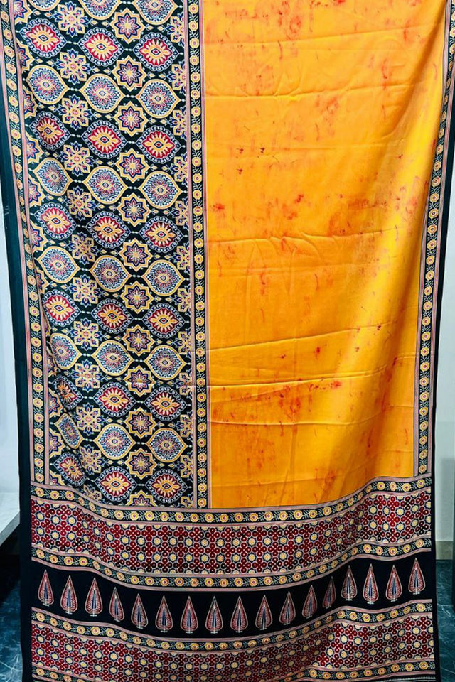 Orange Printed Satin Saree (Sudha-244)