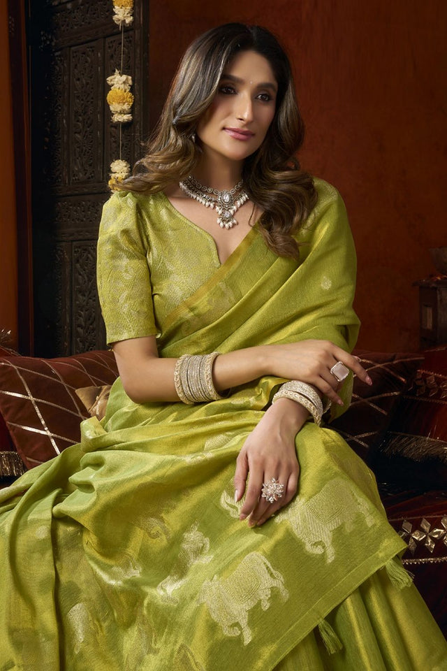 Olive Green Woven Tissue Saree (Supriya-3602)