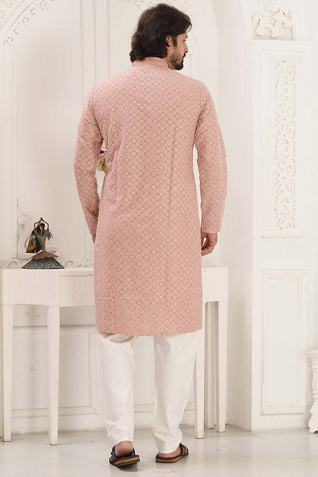 Pink Sequin Rayon Men's Kurta Set
