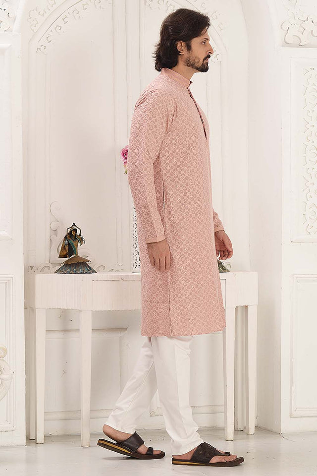 Pink Sequin Rayon Men's Kurta Set